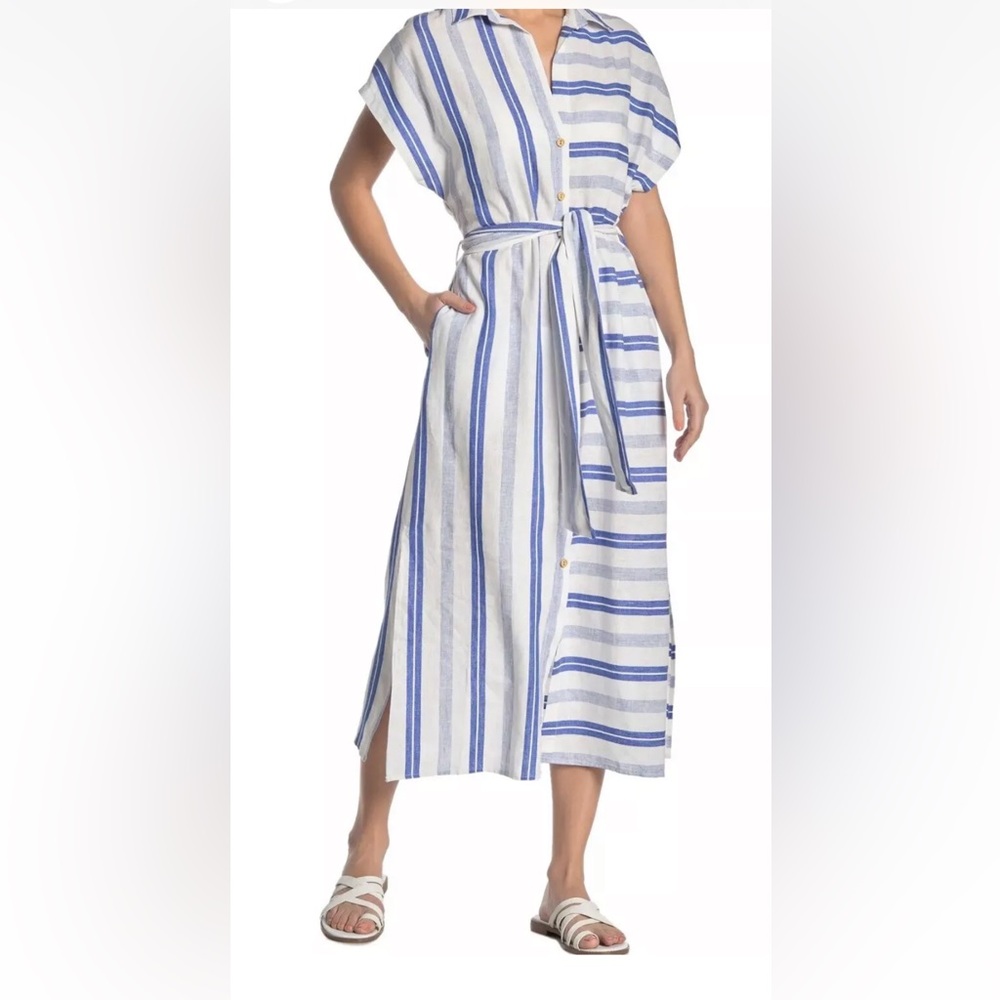 RED CARTER Stripe Linen-Blend Midi Shirtdress-Large (US 10)
